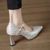 Fashion Pearl Hot Diamond High Heels Women's 2025 Spring New One-word Buckle with Pointed Head Shallow Mouth Stiletto Fashion Shoes