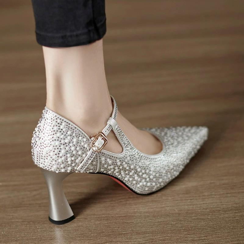 Fashion Pearl Hot Diamond High Heels Women's 2025 Spring New One-word Buckle with Pointed Head Shallow Mouth Stiletto Fashion Shoes