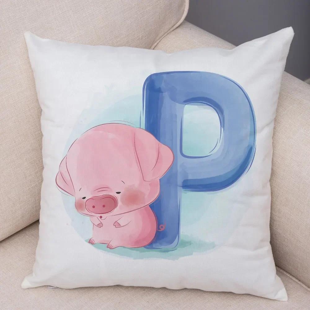 Cute Cartoon Cushion Cover Water Color English Letter Print Pillow Case Soft Animal Print Pillowcase For Children Room Decor
