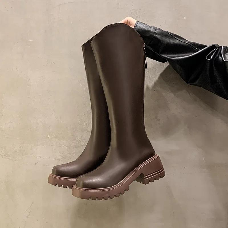 Fashion Fashion Platform Leather Knight Boots for Women Autumn Winter Soft-soled Women's Shoes Designer Increase Knee-high Boots Female