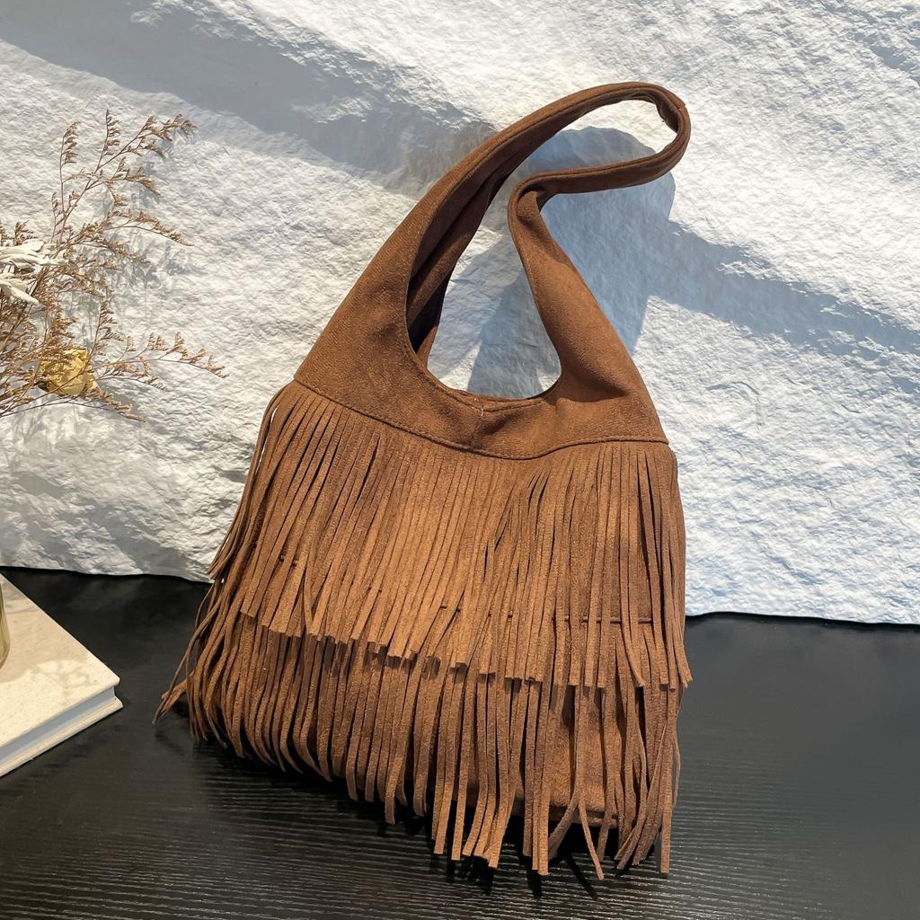 Vintage Matte Tassel Shoulder Bag Women'S Fashion Large Capacity Tote Bag Underarm Bag