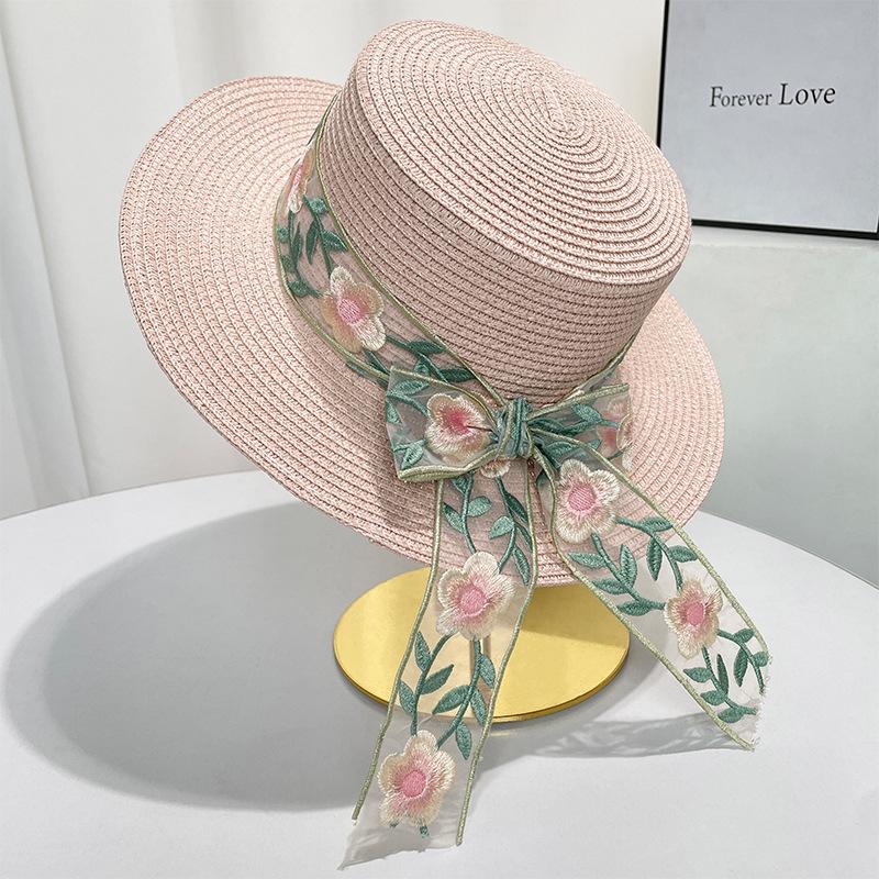 French Flat-top Flower Straw Hat High-end Seaside Vacation Beach Hat Bow Sunshade and UV-proof Sun Hat