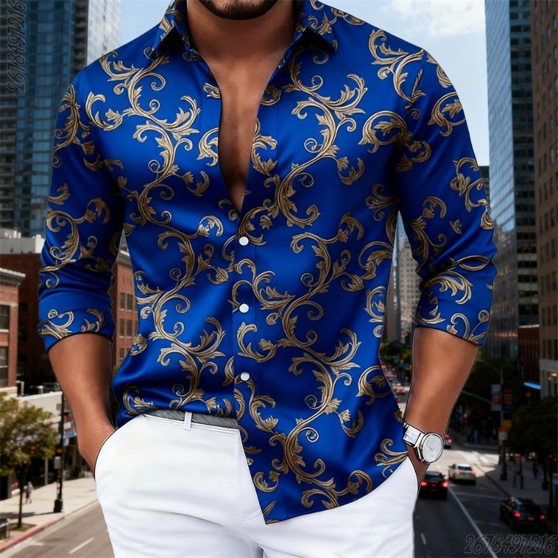 16 colori camicia da uomo di lusso pattern barocco dorato manica lunga alla moda stampa retrò comoda senza stiro taglia grande top