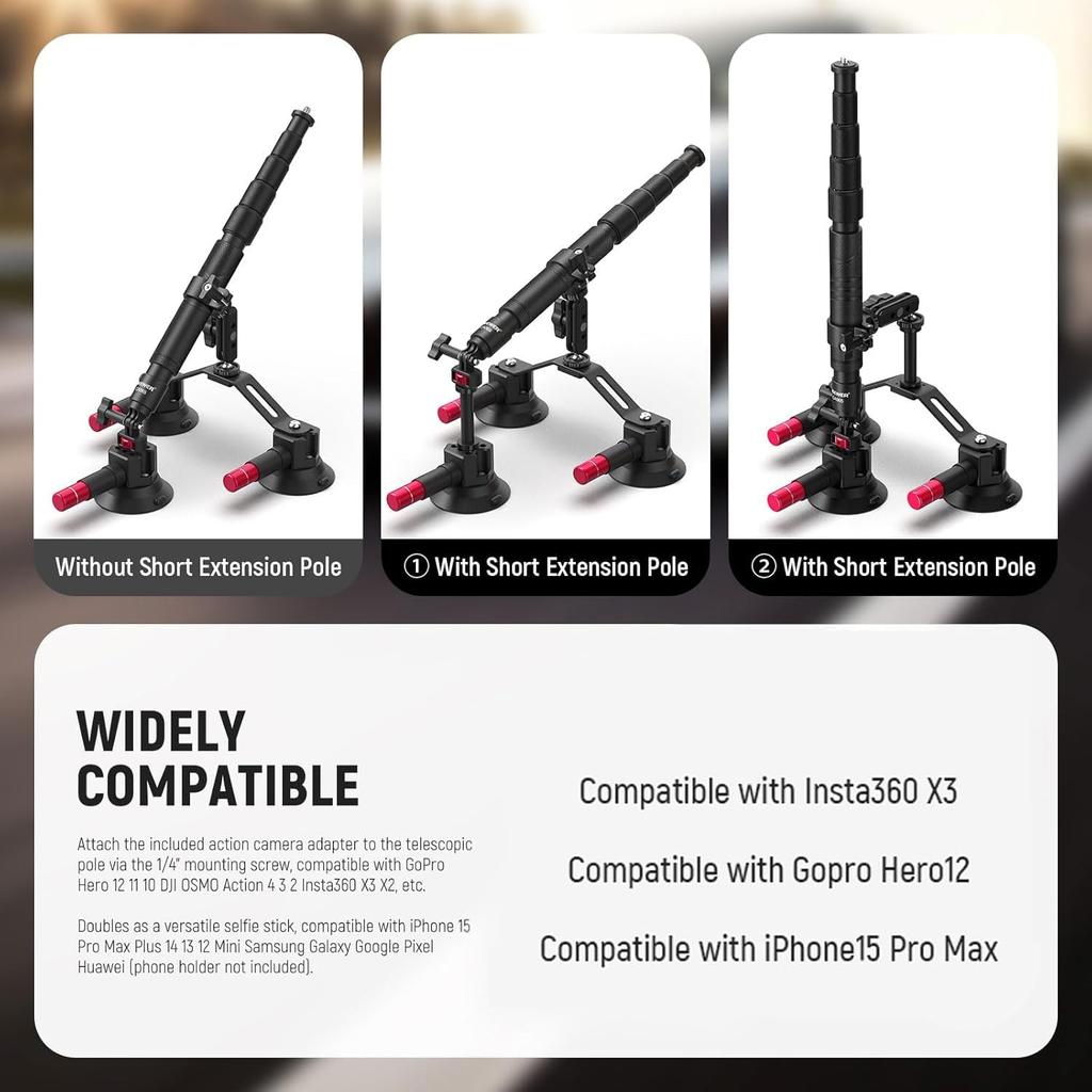 NEEWER Dreifache Saugnapf-Autohalterung Schnellwechsel-Magic-Arm-Kamerahalterung für Außenverlängerungstuch Kompatibel mit OSMO Pocket 3 Creator und X5