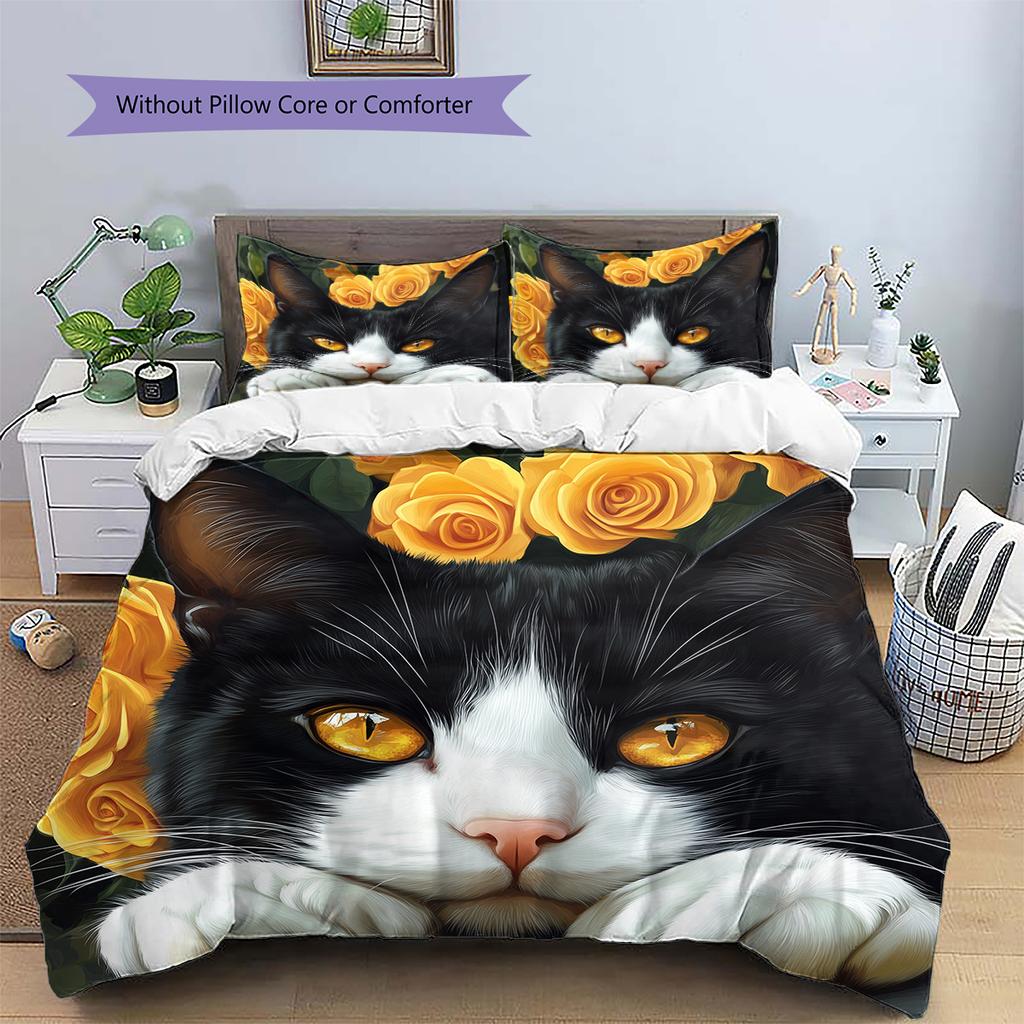 Cow Cat and flowers Pattern Bedding Home Decoration Birthday Gift (1 * duvet cover + 2 * pillowcase, without core)