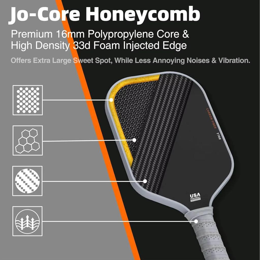 T700 Pickleball Paddle Carbon Fiber Matte Surface 16mm Enhanced Sweet Spot Control Power Grip Non Slip Compatible with Usapa New