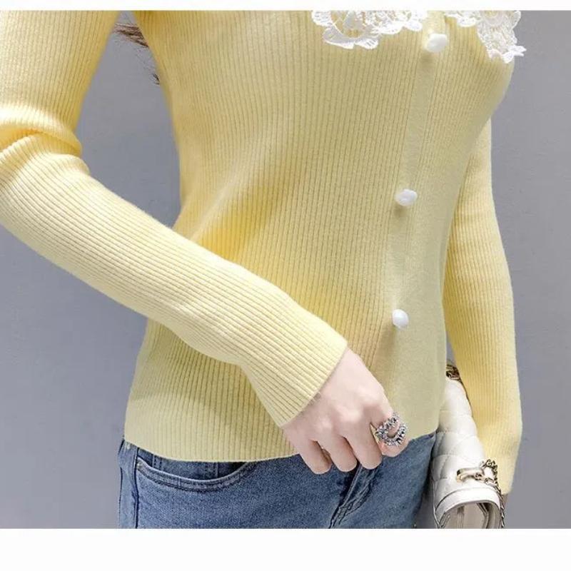 Doll Neck Women's Autumn and Winter New Spliced Lace Hollow Out Button Fashion Solid Color Casual Long Sleeved Knitted Top