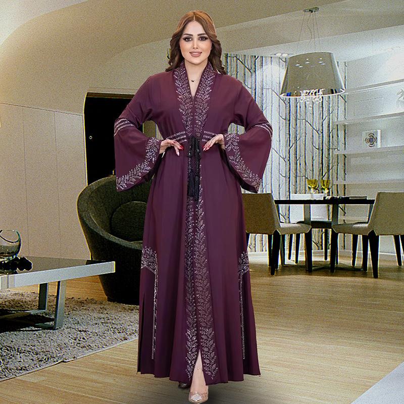 Arabian Style Long Sleeve Bell Bottom Dress Cardigan Robe Large Size Women's Fashionable Casual Geometric Patterned Gown