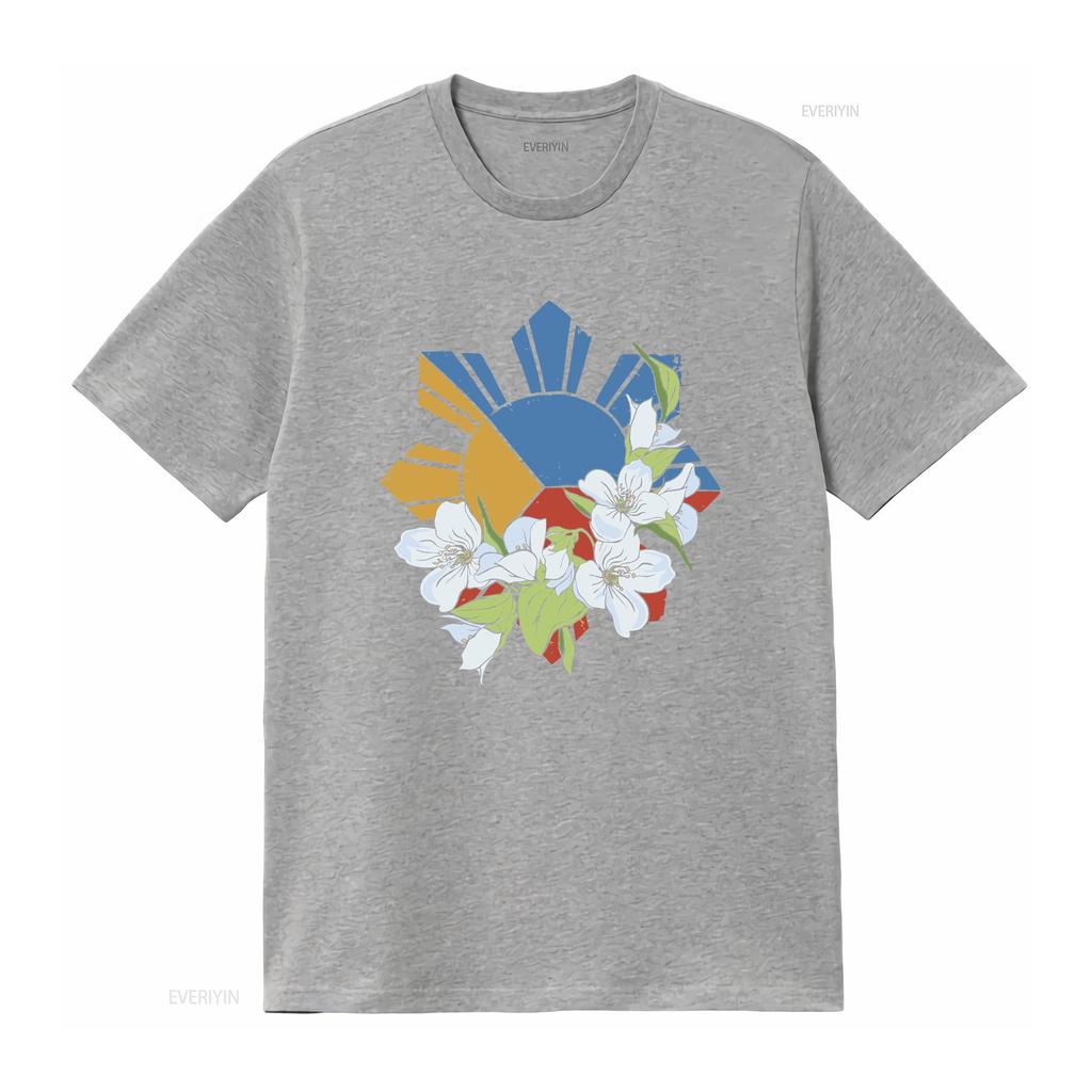 Filipino Flag Sun and Stars Sampaguita T Shirt Crewneck Symbol Philippines  vintage Washed Top For Everyday Wear Stretched