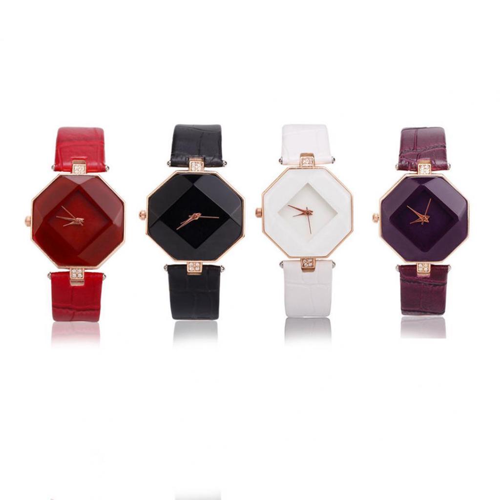 Women 's Faux Leather Band Analog Quartz Rhombic Case Wrist Watch Gift
