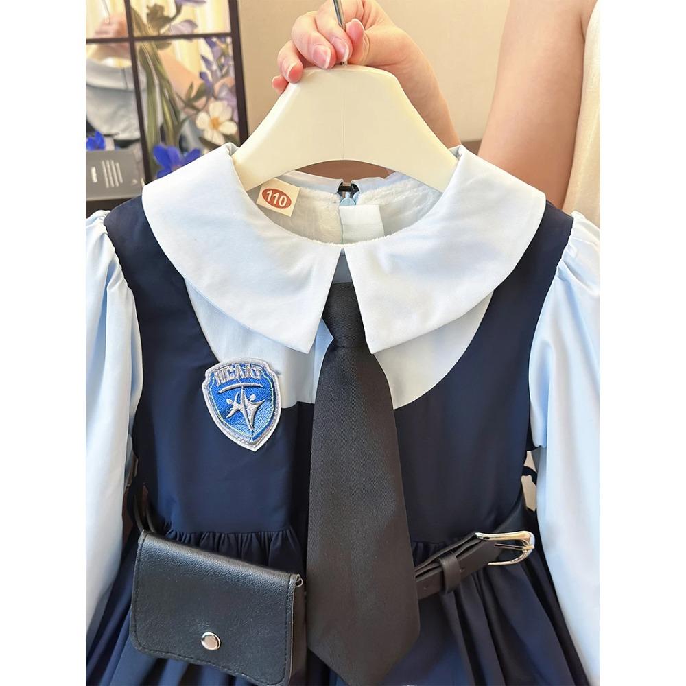 Judy Girls' Dress Spring Autumn Long Sleeves Lapel Cartoon Dresses Children's Casual Rabbit Officer Princess Dress