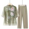 Printed Chiffon Two-Piece Set: Mid-Sleeve Shirt & Thin Cardigan for Middle-Aged and Elderly Women