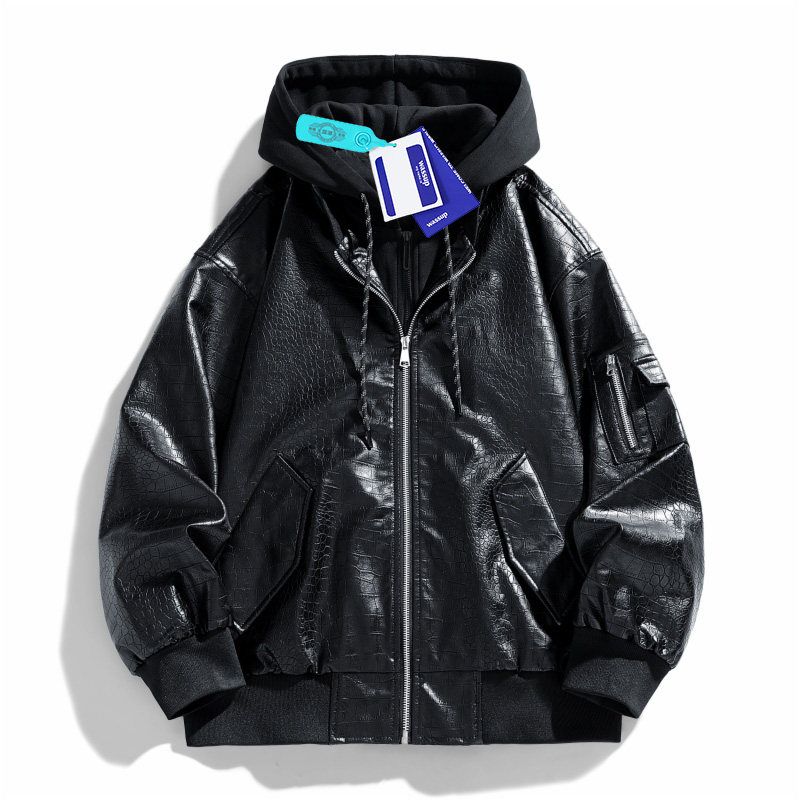 

Men s Leather Jacket with a High-End Feel, Faux Two-Piece Patchwork Hooded Coat, Korean Style Loose Trendy Brand Workwear Leather Jacket for Autumn Black 3 XL