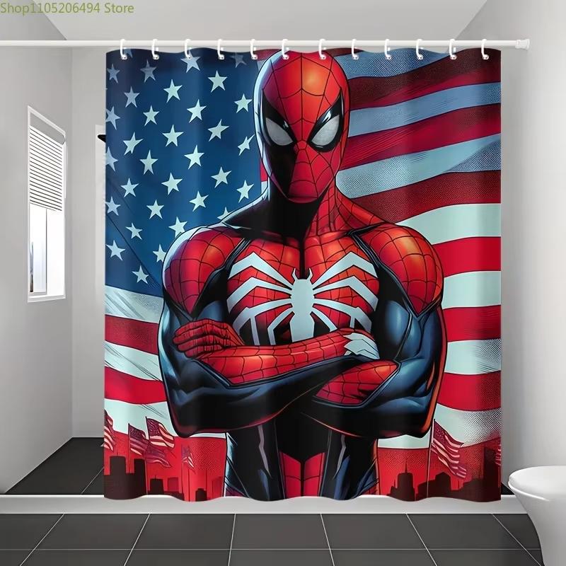 

Spider-Man With American Flag & City Skyline Waterproof Shower Curtain For Superhero Bathroom Decor W60H190(CM)-1 Pcs
