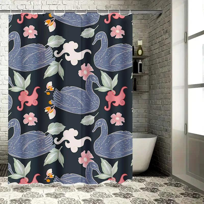 Swan Blue Shower Curtain Floral Pattern Decorative Fabric Waterproof Home Bathroom Accessory