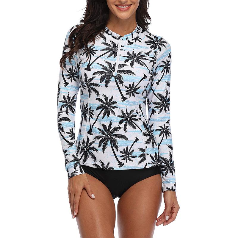 

Swimsuit, Printed Two-piece Sunscreen Surf Suit Split Long Sleeve Zip Tankini Swimsuit S чёрный