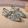 Autumn New Retro Green Flower Embroidered Mesh Single Shoes Women's Word with Round Head Breathable Ballet Flats
