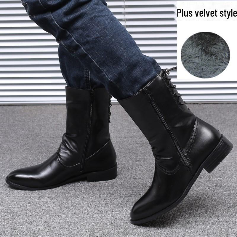 Мужские высокие кожаные ботинки Martin в британском корейском стиле модные теплые осенне-зимний дизайн с острым носком и средней длиной inner heightening velvet 42 чёрный 3329₽