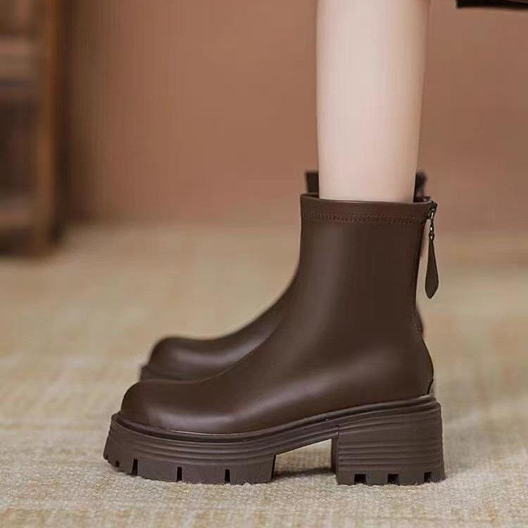 Soft leather platform cigarette boots short boots New velvet Martin boots Autumn and winter British style Chelsea boots