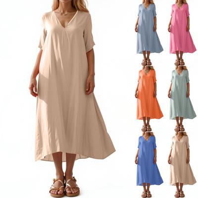 Women's Summer Solid Color Casual Fashion Cotton And Linen V-neck Midi Dress