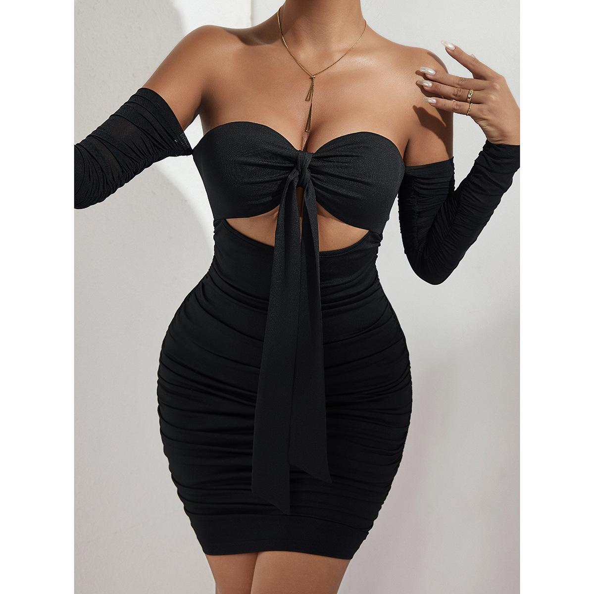 

European and American women s clothing autumn new solid color sexy slim shoulder party long sleeve chest wrap Spice girl dress S чёрный