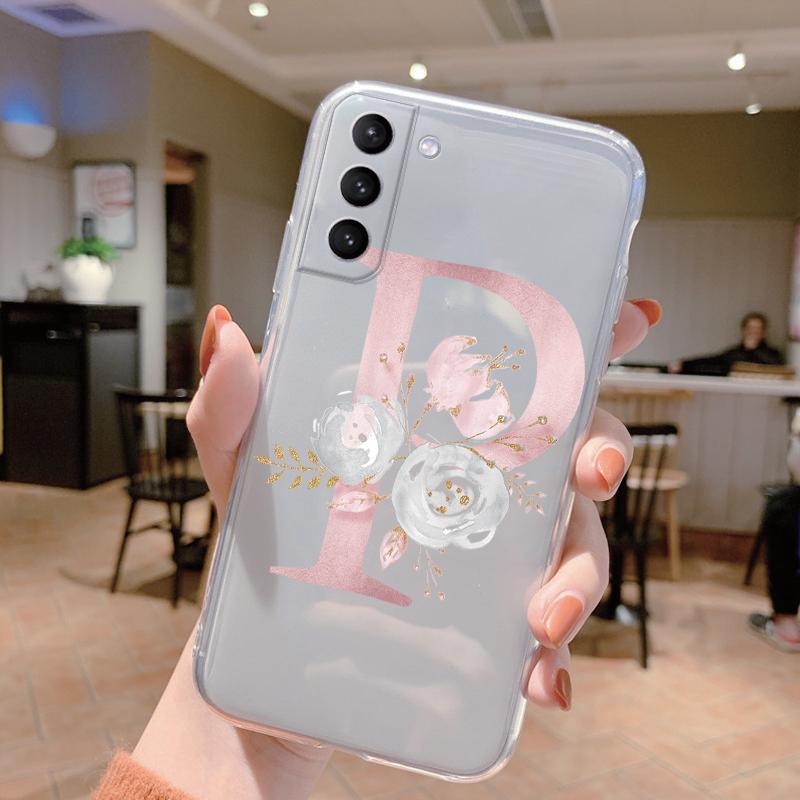 Initial Letter Cover For Samsung Galaxy S23 S24 S25 Plus Ultra Case Transparent Soft Silicone Flowers Capa For Samsung S23+ Bag