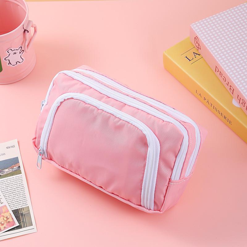 Basic Polyester Three Layer Pencil Case With Clear Window For Students And Office Use