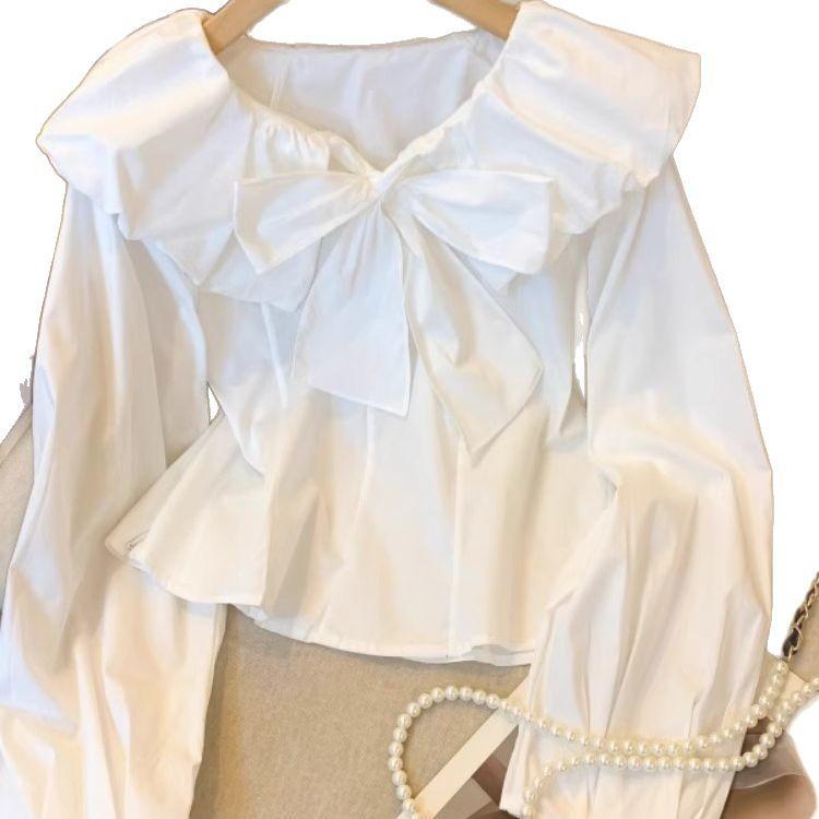 Casual Korean Style Women's Shirt Early Spring Style Ruffle Collar Temperament White Shirt Bow Top