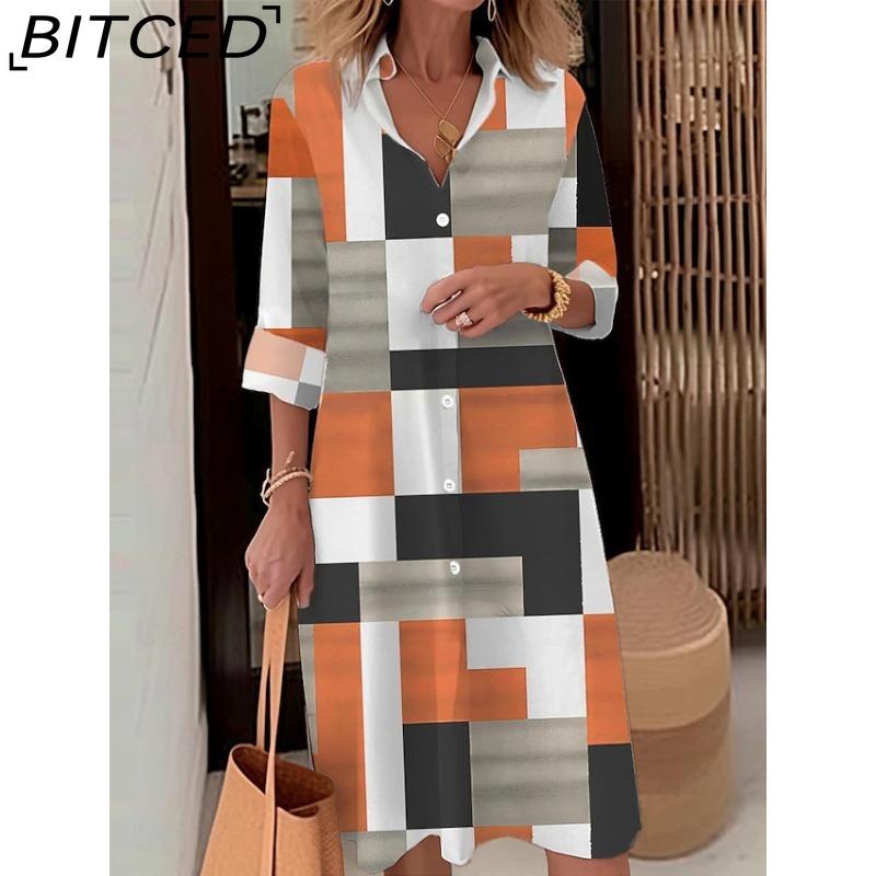 BITCED Women Fashion Spring Autumn Color Block Print Long Sleeve Polo Collar Loose Waist Casual Dresses