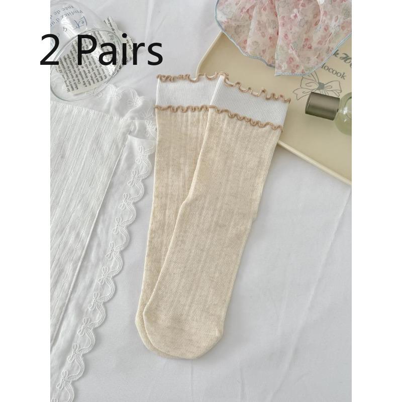 

2 Color-Plaid Socks - Spring/Summer Lightweight Two-Piece Long Tube Socks with Wooden Ear Decorations and Open Mesh Linings 2 pairs бежевий