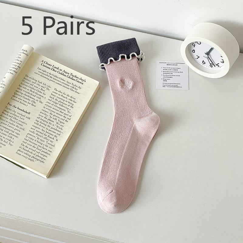 5 Pairs of Women's Spring and Summer Breathable and Versatile Black Fungus Flanged Long Tube Stack Socks