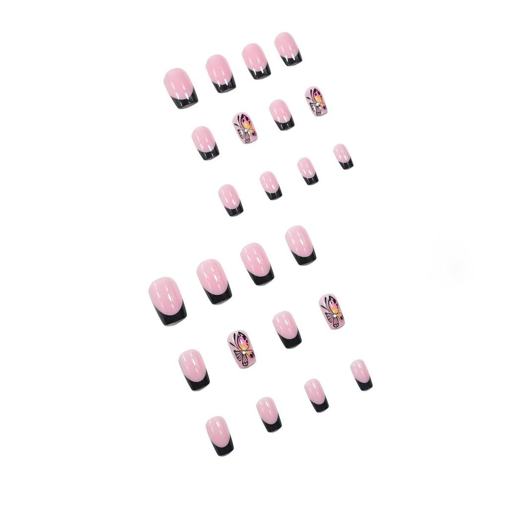 Butterfly Rhinestone Black Pink Medium Press-On Nails - Y2K French Style