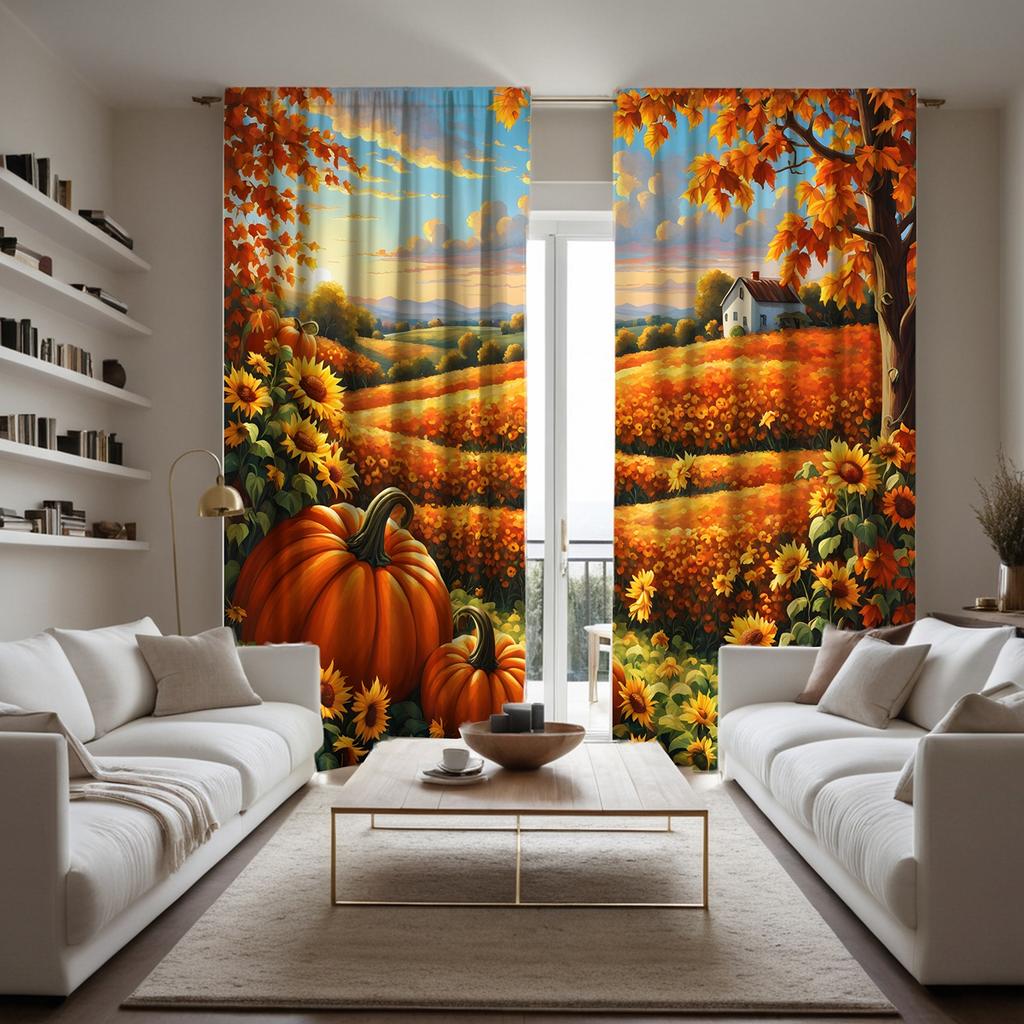 2 Stück HD Feld Sonnenblumengarten Ahorn Ernte Frucht Dekovorhang Gelber Bindevorhang digital bedruckt Heimdekoration sty