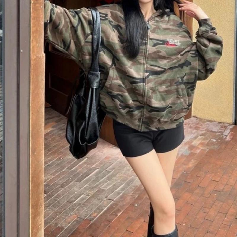 Felpe con Cappuccio Casual Camouflage Streetwear Ricamo Lettere Giacca Punk Donna Estetica Y2k Tasca Felpe Casual Grunge