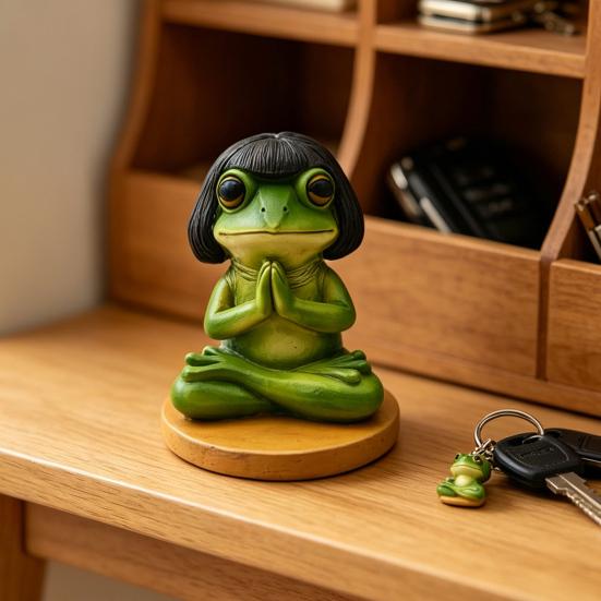 Meditation Frog Figurine, Bob Haircut Resin Frog Statue, Sitting Animal Sculpture Decoration for Yoga Room, Home, Office