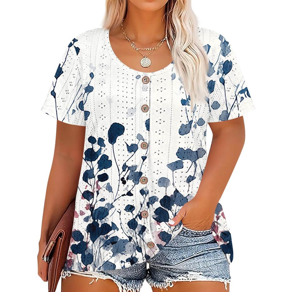 Plus Size Women's Fashion Casual Vintage Printed O-Neck Short Sleeve Button T-Shirt Top