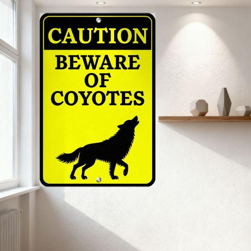 Caution Beware of Coyotes Metal Tin Sign, Rectangular Black Border High-Visibility Warning Sign with Coyote Silhouette, for Home