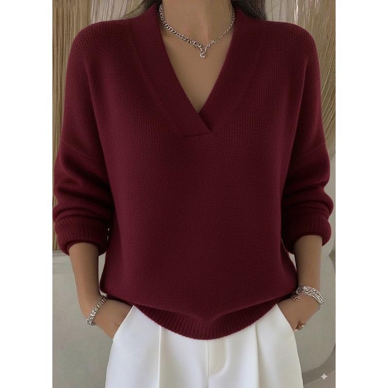 Women Solid V Neck Loose Long Sleeve Knit Pullover Sweater Casual Knitwear