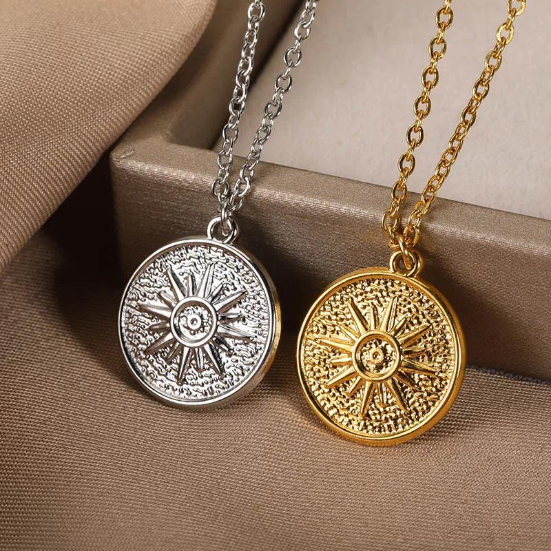 Gothic Vintage Sun Pendant Necklace For Women Men Gold Color 316L Stainless Steel Necklace Couple Jewelry Collar Accessories