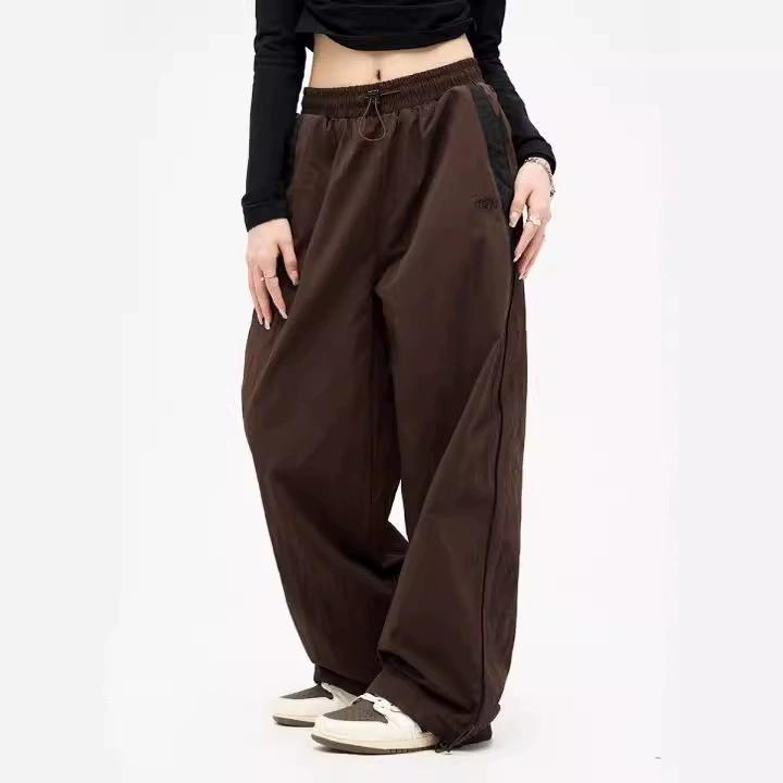 Women's Spring Vintage Streetwear Cuffed Pants High-Waisted Straight-Leg Hip-Hop Elastic Waist Sports Pants