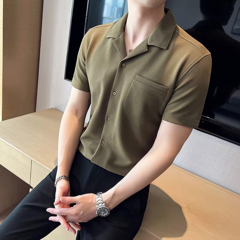 Men's Ice Silk Waffle Cuban Collar Short Sleeve Shirt - Lightweight Summer Casual Top