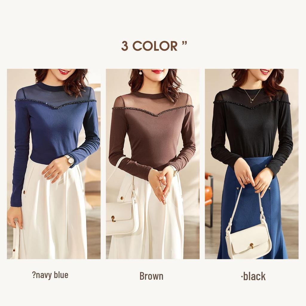 Women's Retro Beaded Black Mesh Long Sleeve Slimming Top - 2023 Spring/Autumn Collection