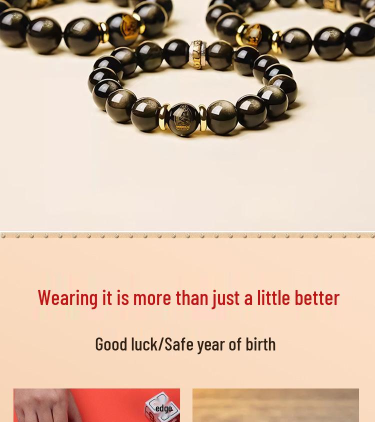 7A Grade Natural Gold Obsidian Zodiac Guardian Buddha Bracelet for Men and Women - Benming Year Black Obsidian Jewelry