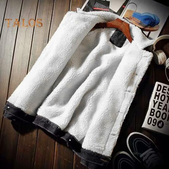 Men Jacket Lapel Long Sleeve Denim Fabric Coat with Flap Pockets Thickened Velvet Lining Warm Button Closure Denim Outerwear