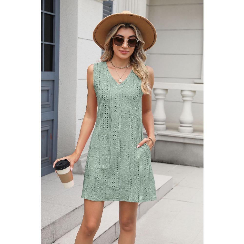 New Women's Pocket Casual Summer Solid Color V-neck Dress