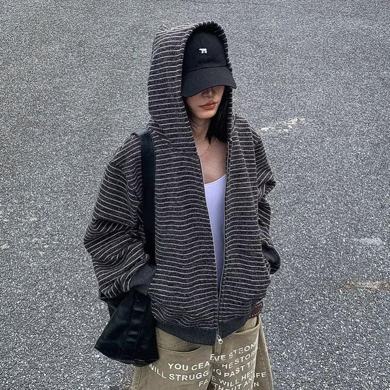 Unisex American Retro Patchwork Striped Zip-Up Hooded Cardigan 2025