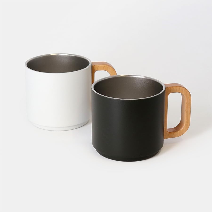 Stackable Wooden Handle Thermo 350ml Insulates Hot Cold Perfect for Camping and Outdoor Activities Mug, Stackable, & Drinks, Unbreakable, (White)