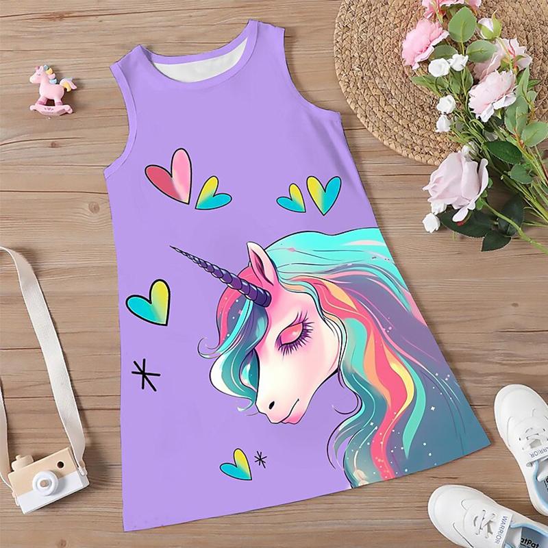Girls' Dress Sleeveless 3D Pink Steed Print Summer Spring Daily Cute Casual Sweet Kids A Line Dress Tank Dress Sleeping Good Night Dress