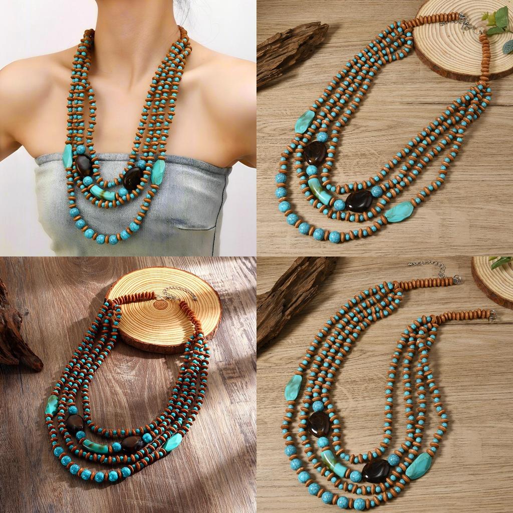 Bohemian Multilayer Art Wooden Pearl Necklace Round Geometric Women Decoration
