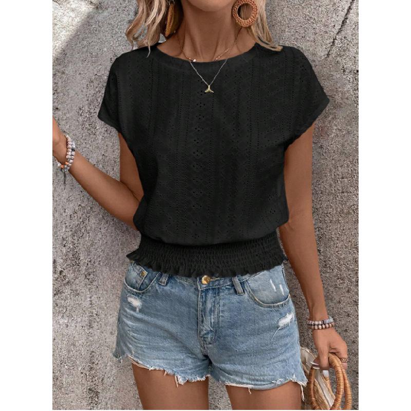 2026 Spring/Summer Jacquard Solid Color Round Neck Ruched Hollow Batwing Short Sleeve Women's T-Shirt for Commuting